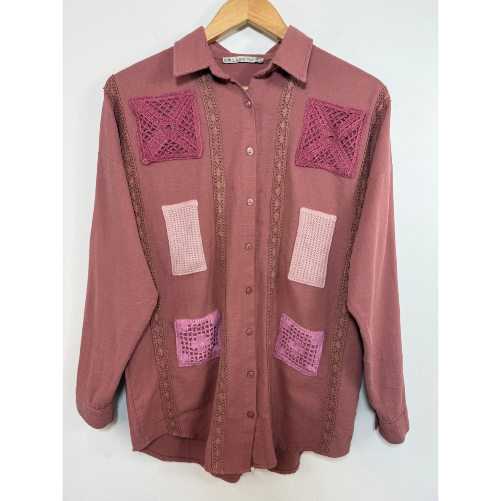 Saloon Patchwork‎ Button Up Shirt Mauve Pink Crochet Lace Boho Artisanal Small
